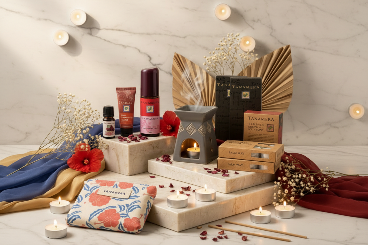 A styled product display for a Malaysia Day Sale featuring Tanamera brand items including a floral-patterned pouch, essential oil bottles, a candle, a tea light diffuser, and boxed tea, arranged on marble blocks with candles and rose petals against a floral backdrop.