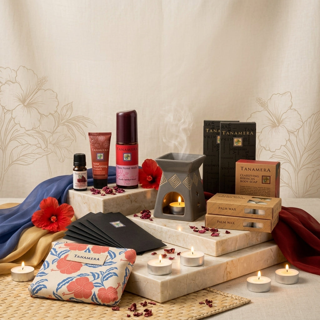 A styled spa gift set from Tanamea arranged on marble blocks and a woven mat, featuring an essential oil diffuser, candle, rose body cream, massage oil, bath salts, and a floral pouch, with lit tea lights and red flower petals against a beige floral backdrop.
