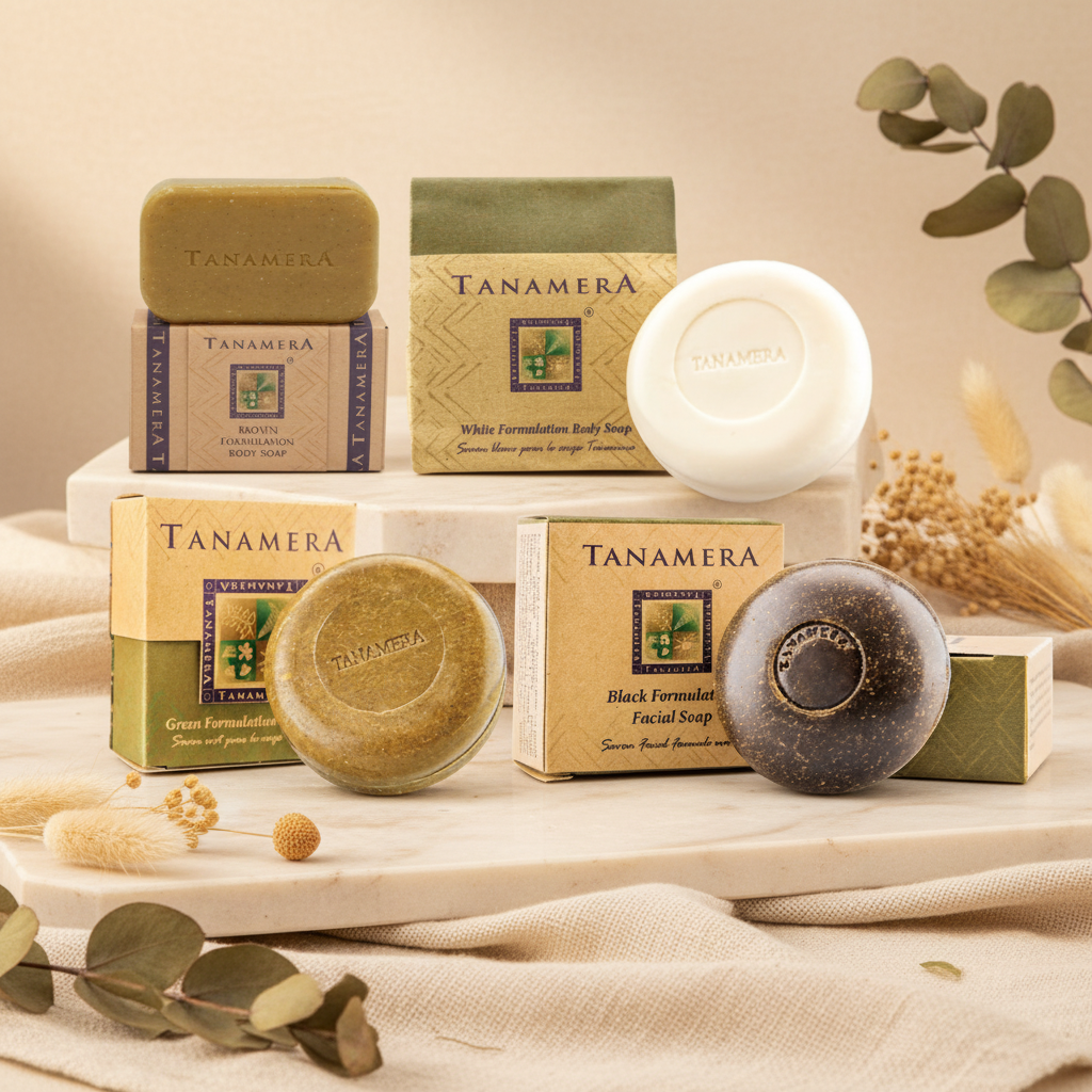 A collage of Tanamera brand body soaps and their boxes on a light gray background, showing multiple bars in different colors: brown, white, green, and black, each with its branded packaging.