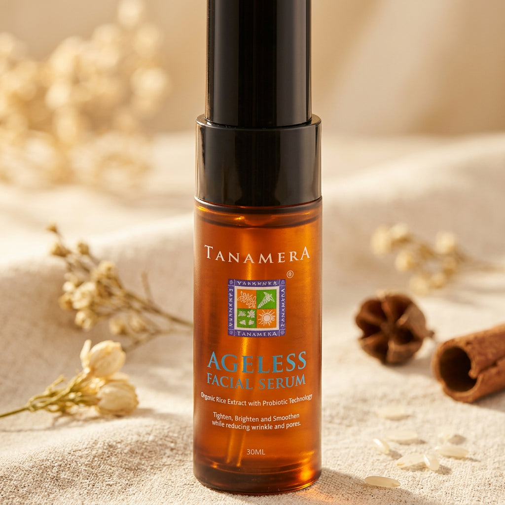 Tanamera Ageless Facial Serum in a 30ml amber glass bottle with a black pump dispenser.