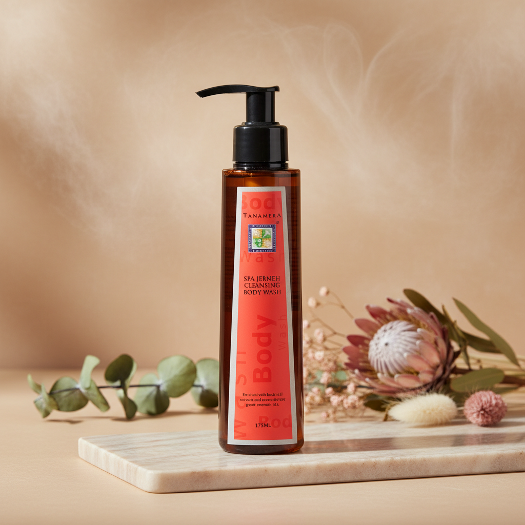 Tanahera Spa Fermented Cleansing Body Wash in a 150ml pump bottle, shown next to two red line-art icons with text describing skin benefits on a white background.