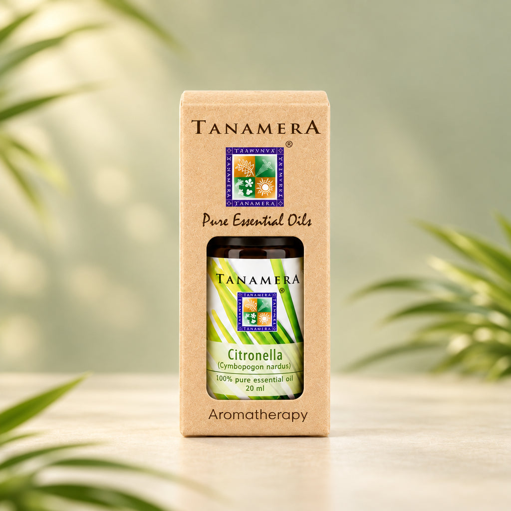 Packaging of Tanamera Citronella Essential Oil with product information and logos.
