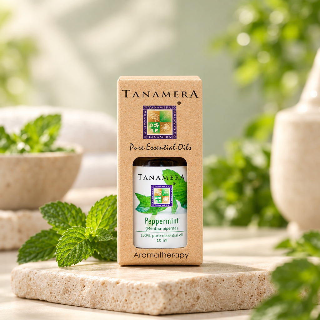Packaging of Tanamera Essential Oil Peppermint, highlighting its benefits for respiratory health and skin care, alongside a graphic representation of the oil's properties.