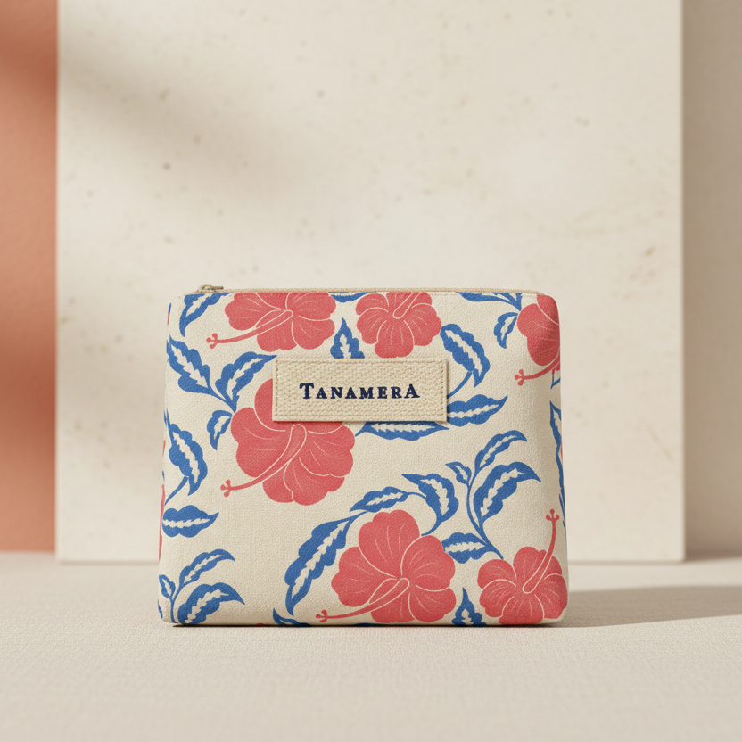 Tanamera canvas zippered pouch featuring a coral pink and blue hibiscus floral pattern on a cream background, with a central beige brand patch.