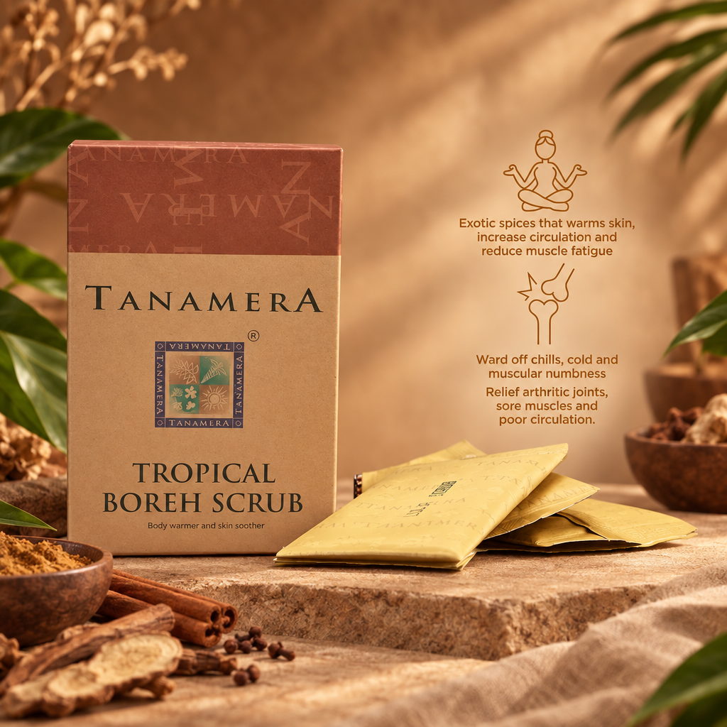 Tanamera Tropical Boreh Scrub packaging showing the brown cardboard box, several individual sachets, and descriptive text on a white background.