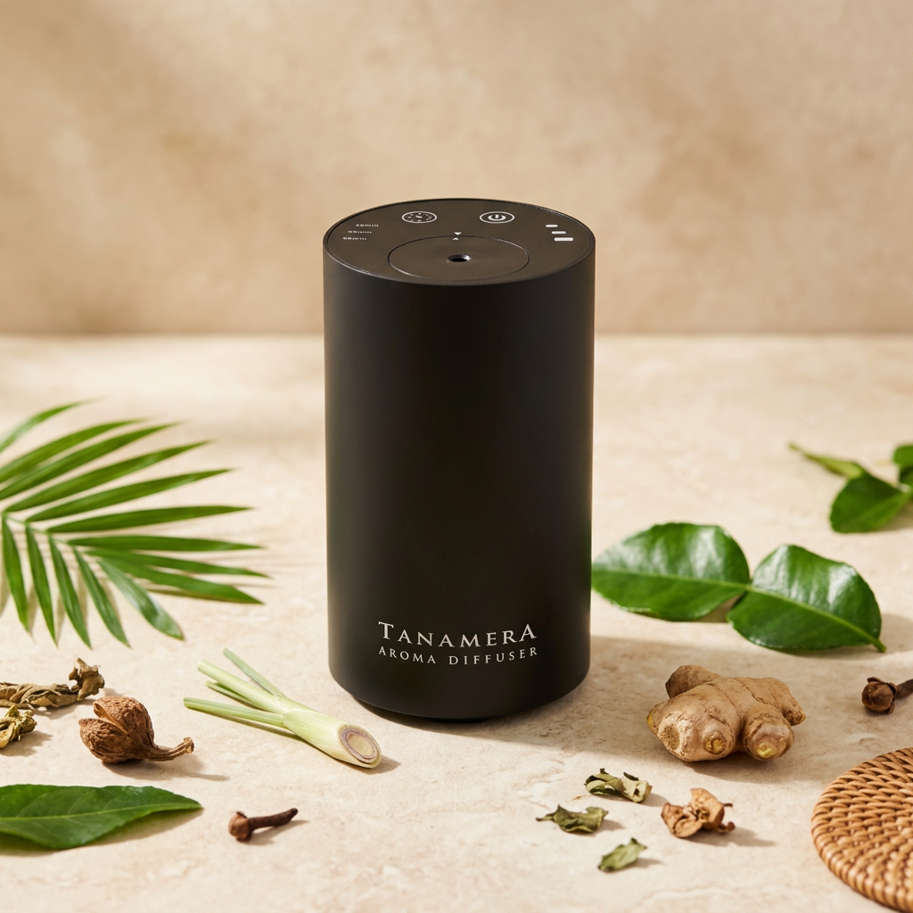 A black cylindrical Tanamera aroma diffuser with control buttons on the top.